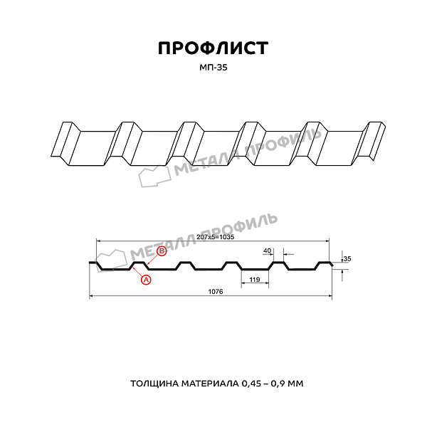 Профлист МЕТАЛЛ ПРОФИЛЬ МП-35х1035-A (MattMP-20-7024-0,5)