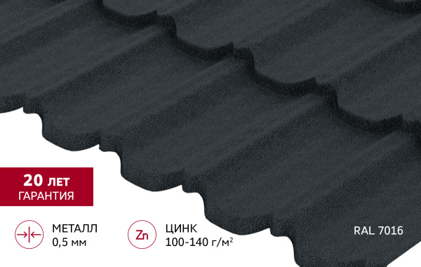 Металлочерепица "Квинта плюс3D" ("Kvinta plus3D") 0,5 Drap RAL 7016 антрацитово-серый