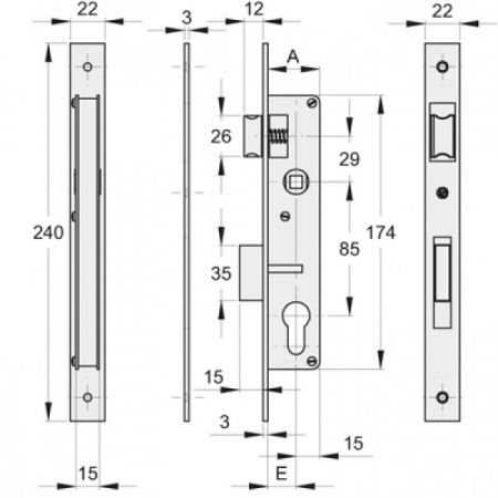 Замок врезной (защелка) с ответной планкой FAC